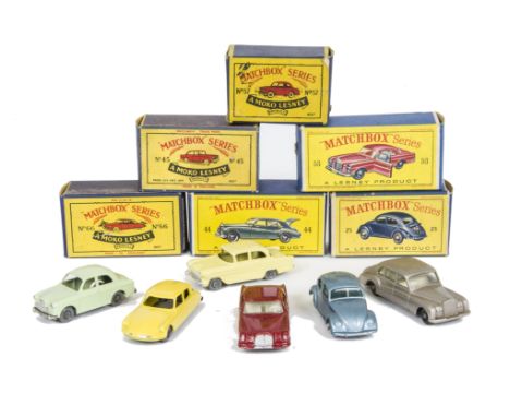 Matchbox Lesney 1-75 Series Cars, 66 Citroen DS19, GPW, 57 Wolseley 1500, GPW, 44 Rolls Royce Phantom V, 25 Volkswagen Sedan,