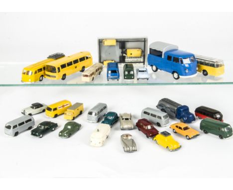 Wiking (Germany) Plastic Vehicles, varying scales and ages including Mercedes 'ARAL' Tanker, VW Ambulance, VW Bus,  all with 