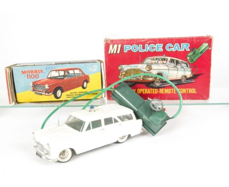 Marx Toys (Hong Kong) M1 Ford Zephyr Police Car, large scale remote control battery-operated car, white body, green remote, O