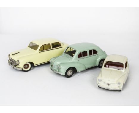 Paya (Spain) Plastic Friction Drive Fiat 600, white body, red tinplate interior, similar Renault 4CV, pale green/grey body, r