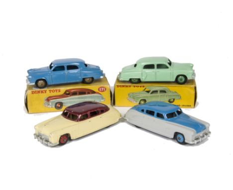 Dinky Toys 171 Hudson Commodore Sedan, light grey lower body, mid-blue upper body and hubs, highline version, 172 Studebaker 