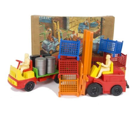 A Tudor Rose Mechanical Handling Set No.6401, set comprises plastic Fork Lift Truck, Works Truck, Six Stacking Pallets, Five 