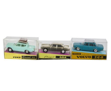 Minialuxe 1/43 Plastic Cars, Ford Consul 315, light turquoise green body, Volvo 144, seagreen body, Peugeot 404, chrome body,