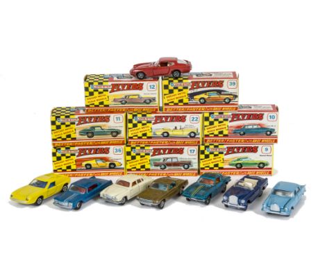 Lone Star Flyers, 9 Maserati Mistral, red, 17 Mercedes-Benz 220SE light blue, 36 Lotus Europa, yellow, 10 Jaguar Mark X, crea