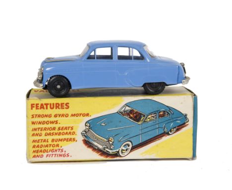 A Welsotoys Plastic Friction Drive Vauxhall No.9/140, blue body, detailed tinplate interior, metal trim, black plastic wheels