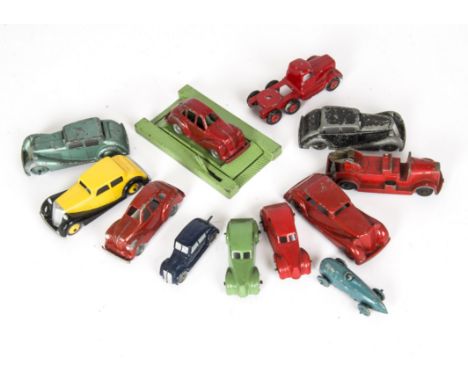 Crescent Toys, including Aerodynamic Saloon, Jaguar Saloon (4), Austin A40 Devon (2), Garage Ramp, Small Racing Car, Fire Eng