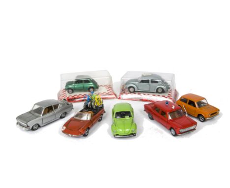 Mattel Mebetoys, A70 Volkswagen VW 1303, Fiat Nuova 500, in original boxes, loose A-48 Autobianchi, A-65 Alfa Romeo Duetto, A