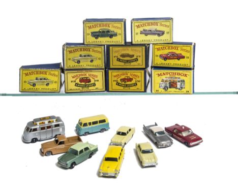 Matchbox Lesney 1-75 Series, 27 Cadillac Sixty Special, 45 Vauxhall Victor (2), 31 American Station Wagon, 59 Fire Chief, 29 