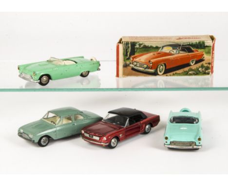 Ford by Tekno (Denmark), 809 Ford Thunderbird (2), one in original box, 833 Ford Mustang, metallic red, black roof, 826 Ford 