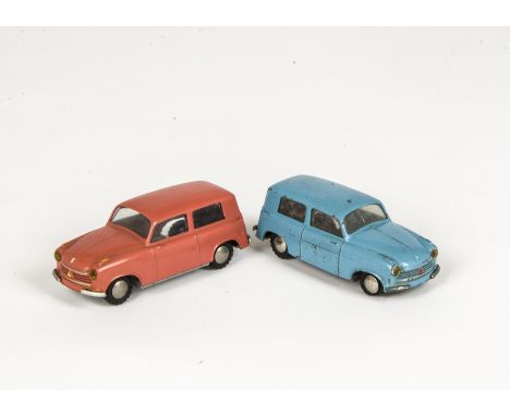 Tekno (Denmark) 817 Lloyd Station Wagon, two examples, first salmon pink body, spun hubs, VG-E, second light blue body, spun 