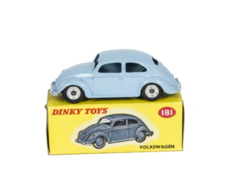 A Dinky Toys 181 Volkswagen, light blue body, matt black base, spun hubs, in original lighter yellow box, E, a few minute chi