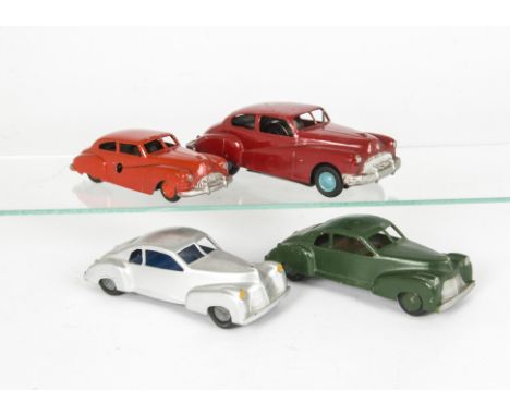 Danish Diecast, Wittrock American style cars, one larger scale with clockwork motor and fitting for remote control line, one 