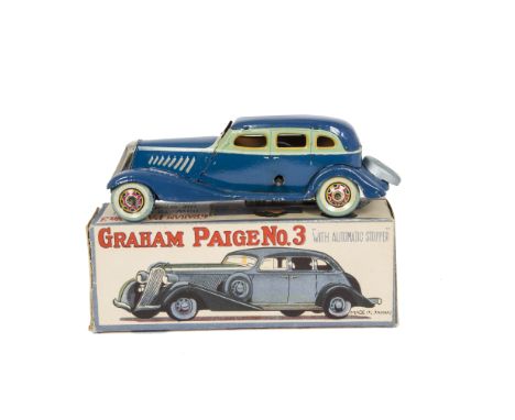 A Kuramochi (CK) Japan Tinplate Clockwork Graham Paige No.3, blue body, green/yellow window trim, chrome grille, in original 
