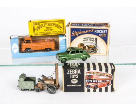 Zebra Toys No.30 Routemaster Bus, Budgie Toys VW Pick-Up, Benbros Stephenson's Rocket, Odgi Toys Ford  Prefect, in original b