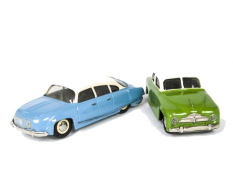 Ites (Czechoslovakia) Plastic Friction Drive Tatra 603, light blue plastic body, cream roof, chrome hubs, grey metal baseplat