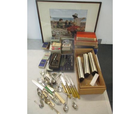 A mixed lot to include a framed print, books, cigarette cards, scientific equipment, cutlery and other items 