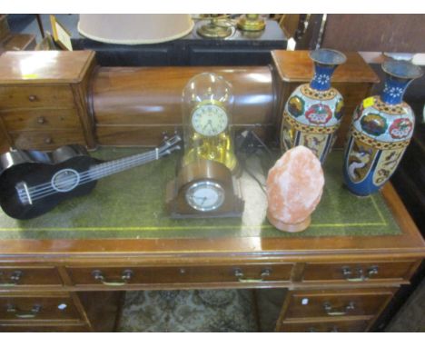 A pair of Japanese dragon and Phoenix cloisonne vases, a Himalayan salt lamp, a child's Lani mandolin, a Smiths clock and an 