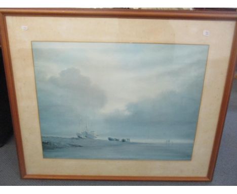 A Bradley Carter large print depicting beached fishing boats and figures, Location: 