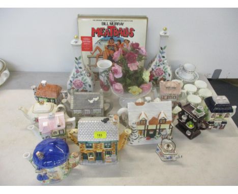A miscellaneous lot to include a pair of Vista Allegre covered vases, novelty ceramic teapots and a small enamelled teapot, A