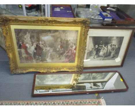 An overpainted print in an ornate gilt wood frame together with a mahogany wall hanging mirror and a framed engravingLocation