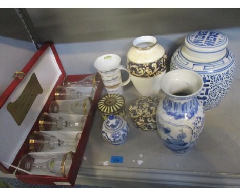 A selection of ceramics and glassware to include a Chinese blue and white wedding jar and cover, Wedgwood cornucopia vase and