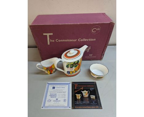 The Connoisseur collection, Clarice Cliff by Wedgwood to include Cornwall patter coffee pot, Windbells milk jug and secrets s