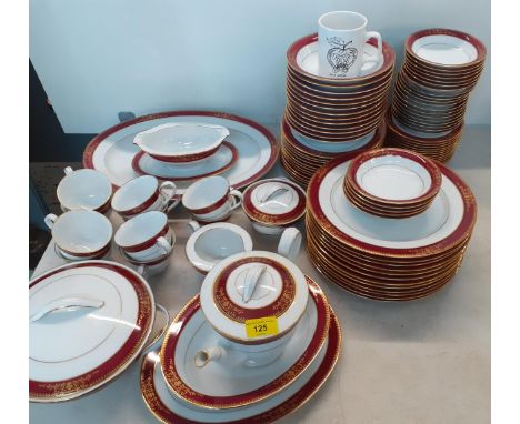 A Noritake dinner and tea service in the Goldmere design having a white ground and red and gilt border, Location: 