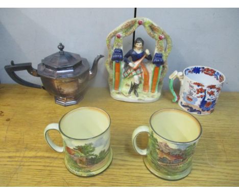 Mixed 19th century ceramics to include a Masons tankard, a Staffordshire flatback group, two Royal Doulton tankards and a sil