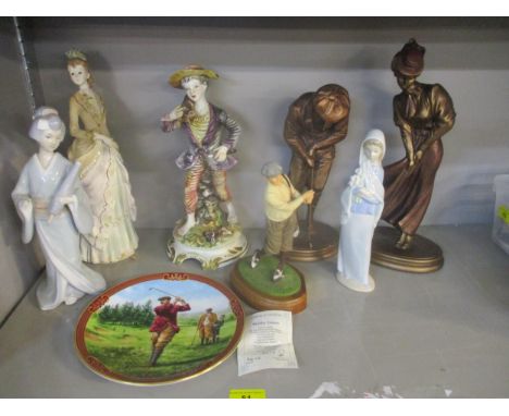 A group of ceramic, bronzed and resin figurines to include two Austin sculptures of golfers, Lladro figures and others, Locat