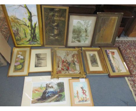 Mixed pictures to include an oil on canvas landscape woodland scene, watercolour street scene, tapestry and others 