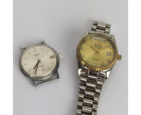 A vintage gents stainless steel Automatic Bulova Super Seville Day and Date wristwatch having a gold coloured dial with set w