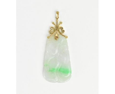 A 14ct gold mounted jade pendant carved with vegetation, the white/light green jade with bright green streak, 5.5 cm long, to