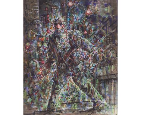 § PETER HOWSON O.B.E. (SCOTTISH B.1958) GALLOWGATE GLORY Signed and dated 2018, mixed media(24cm x 20cm (9.5in x 8in))