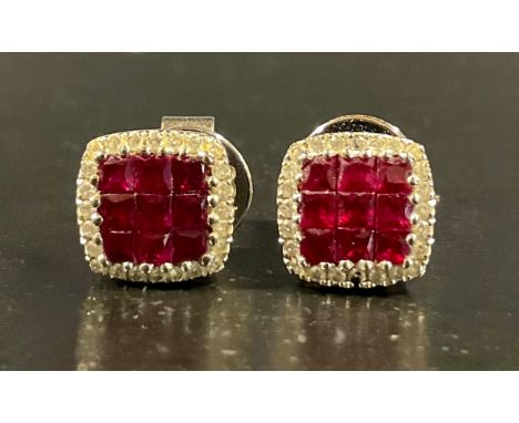 A pair of 18ct white gold square synthetic ruby and diamond cluster earrings,each earring set with nine approx. 1.5mm diamete