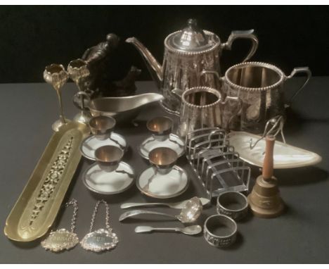 A Victorian silver plated EPBM three piece tea set, toast rack, bud vases, 1960s signs of the Zodiac silver coloured metal na