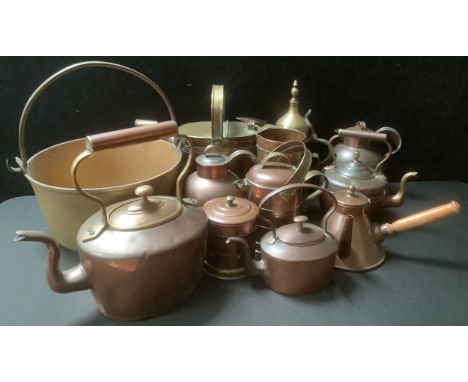 A French Villedieu kettle, others copper, brass, brass watering can, Dallah coffee pot, copper and brass milk bucket/jug with