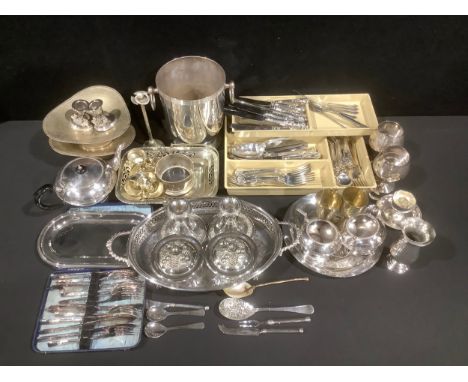 A silver plated ice bucket, quite plain, ring handles, 22cm high overall; other plate ware including Viners King’s pattern fl
