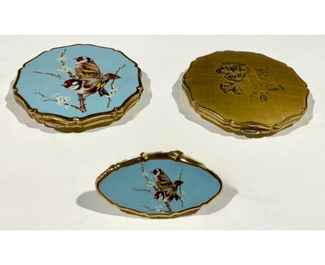 Ladies Accessories - a Stratton bull finch compact; a similar lipstick holder; a floral compact 