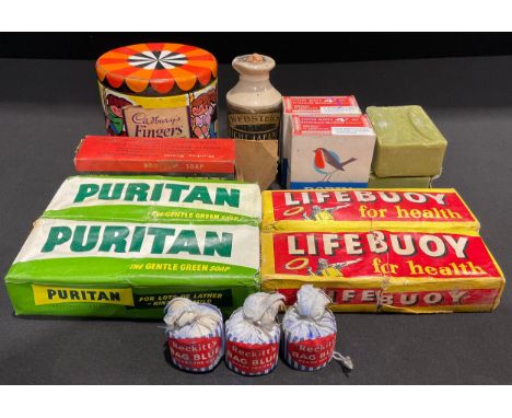 Advertising - a stoneware jar, Webster's Bright Japan Ink; two packets of Robin Starch; Lifebuoy soap; a Cadbury's carousel t