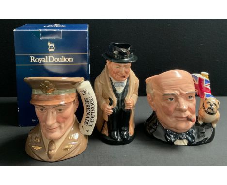 A Royal Doulton character jug, Winston Churchill, modelled by Stanley James Taylor, D6907, 17cm, printed mark; others, Winsto