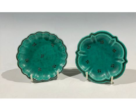 A Gustavsberg Argenta lobed trinket dish, inlaid with silver metal, designed by Wilhelm Kåge (1889-1960), 11cm diameter; anot