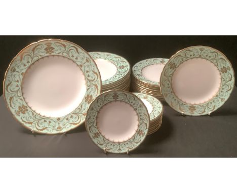 A Royal Crown Derby Darley Abbey pattern table service, twelve dinner  plates, twelve dessert plates and nine side plates, al