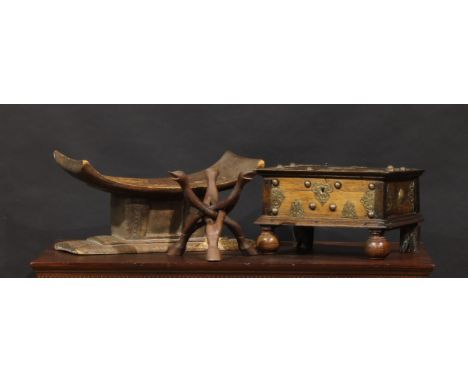A Dutch Colonial brass mounted softwood table box, 20cm high, 34.5cm wide, 24.5cm deep; a tribal Ashanti stool, Ghana, West A