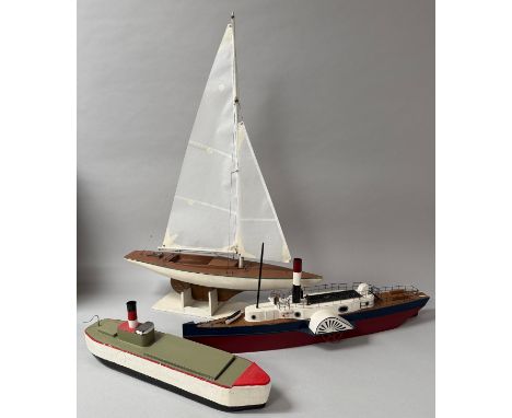 A model of paddle boat/steamer ship, hand made in balsa wood and plastic, fitted with Mamod/Meccano type engine, hand painted