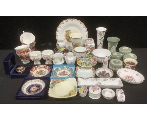A Royal Worcester Millennium coaster and patch pot, boxed; a Wedgwood green Jasper trinket pot and cover, others similar; dec