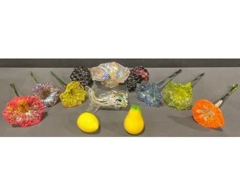 Art Glass - a set of six Murano style glass flowers, various colours, approx. 36cm high; glass fruit; sweets, etc, qty