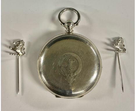 A late 19th century continental silver hunter pocket watch, engine turned case with vacant central shield shaped cartouche, w