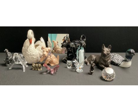 Antoine-Louis Barye, after, bronze wax seal stamp as a seated Greyhound, 5.6cm high;  Swarovski animals, Owls, butterfly etc,