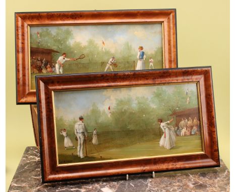 A Lerren (contemporary)A pair, The Tennis Match,signed, oil on copper, 18.5cm x 38.5cm
