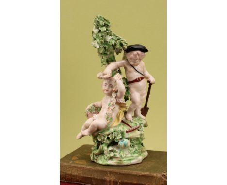 A Derby patch mark figure group, the Elements, Earth, modelled as two winged cherubs, one standing with a spade, the other se
